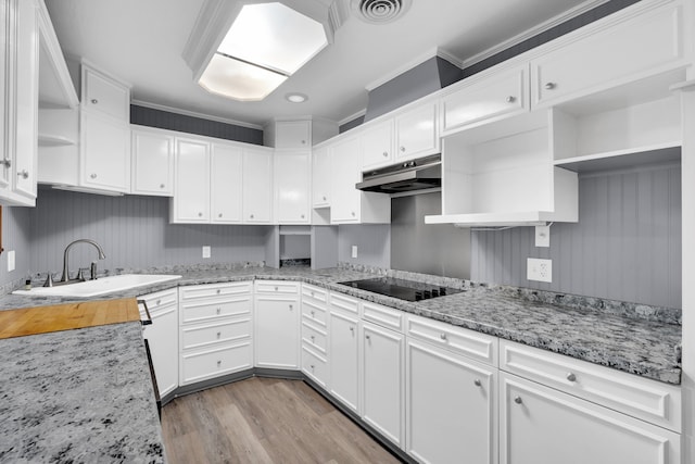 kitchen with light hardwood / wood-style flooring, black electric stovetop, white cabinetry, light stone countertops, and sink