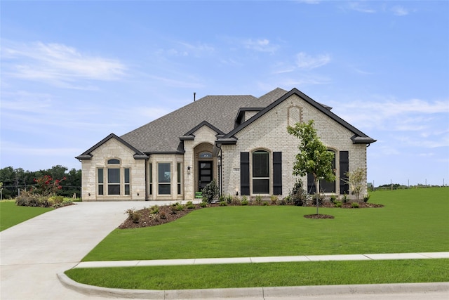 french provincial home with a front lawn