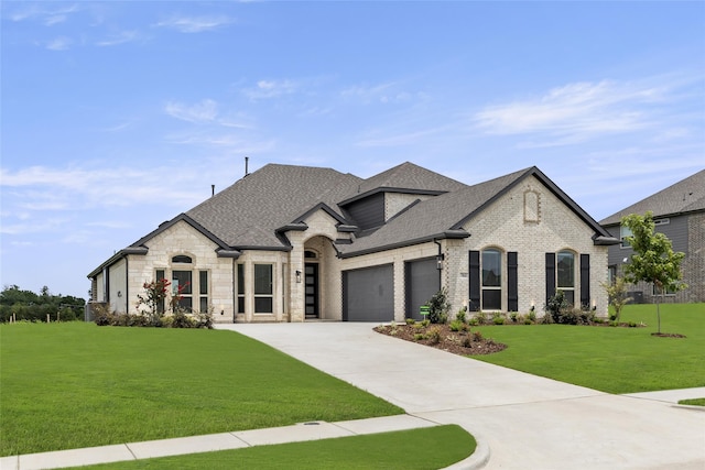 french country style house with a garage and a front yard