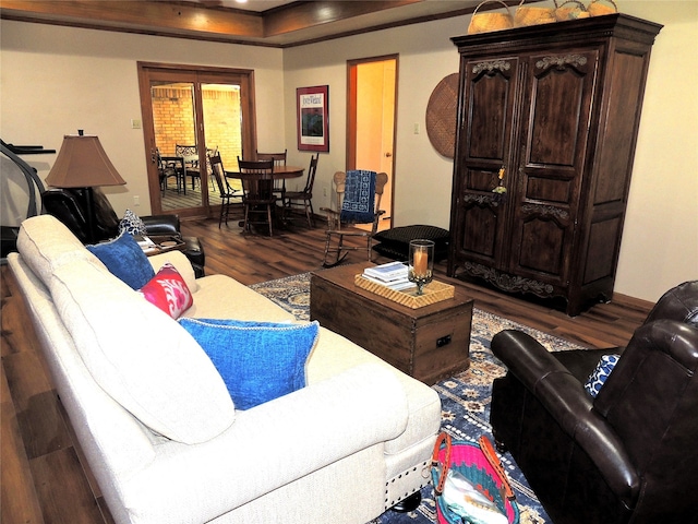 living room with dark hardwood / wood-style floors