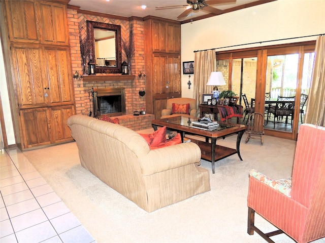 tiled living room featuring brick wall, wood walls, ceiling fan, and a fireplace