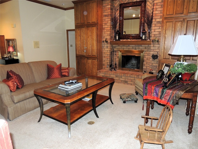 living room featuring crown molding, a fireplace, carpet flooring, and brick wall