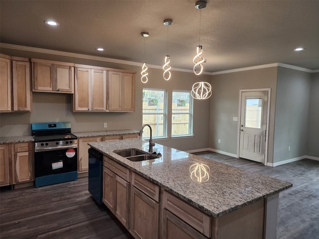 kitchen featuring plenty of natural light, sink, stainless steel range oven, and black dishwasher