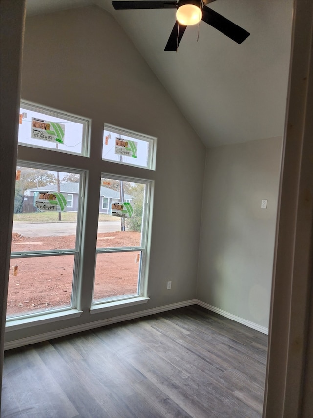 additional living space featuring hardwood / wood-style flooring, ceiling fan, and lofted ceiling