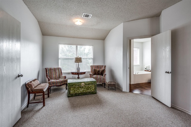 living area with carpet floors, lofted ceiling, visible vents, and a textured ceiling