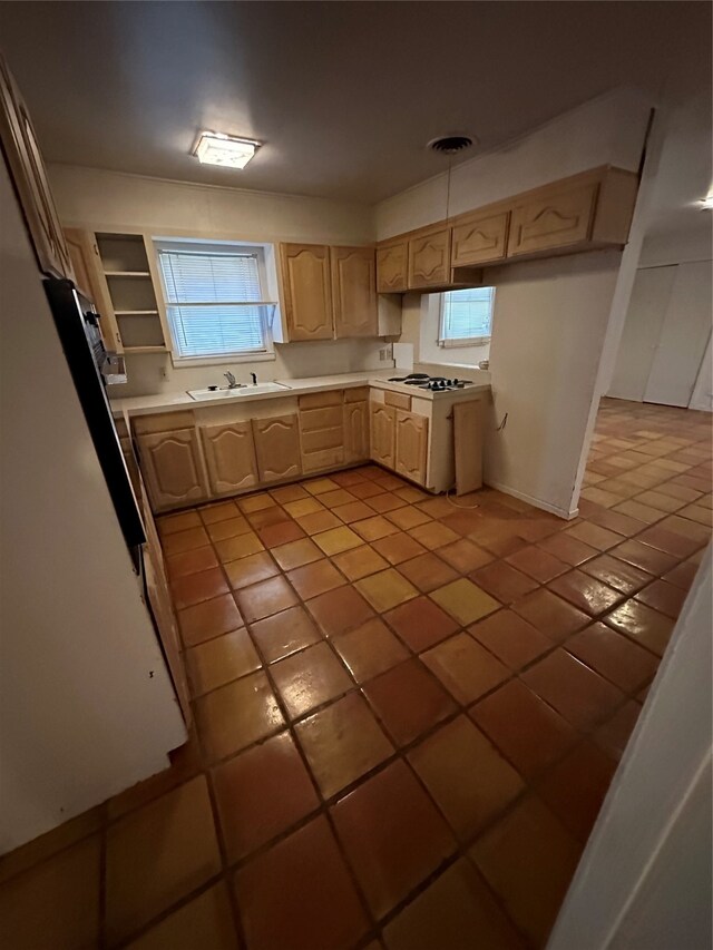 kitchen featuring a wealth of natural light, sink, light tile floors, and light brown cabinets