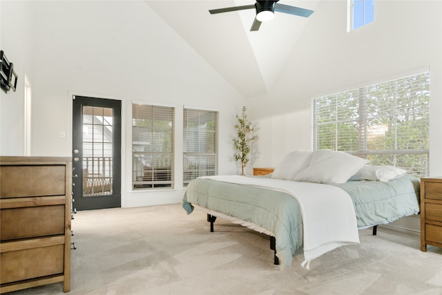 bedroom with high vaulted ceiling, carpet, ceiling fan, and access to exterior