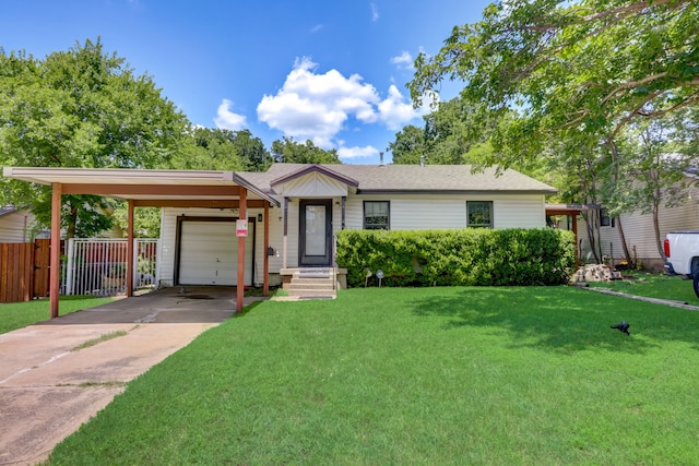 single story home featuring a front yard and a garage