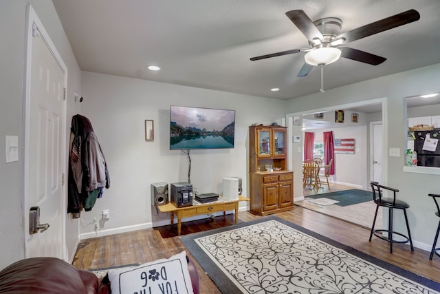 living room with hardwood / wood-style flooring and ceiling fan