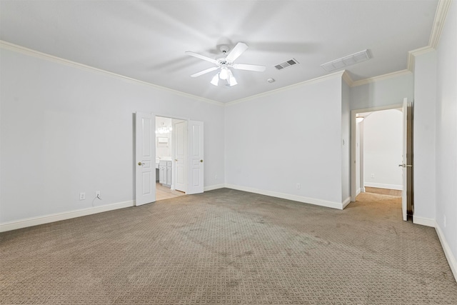 unfurnished bedroom with light carpet, crown molding, ceiling fan, and ensuite bath