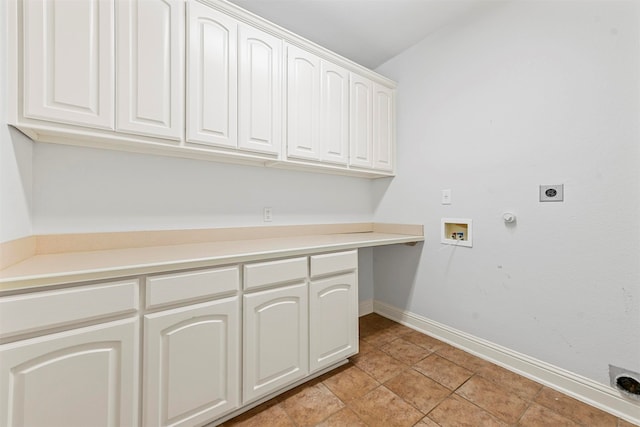 laundry area with cabinets, hookup for a washing machine, electric dryer hookup, hookup for a gas dryer, and light tile flooring