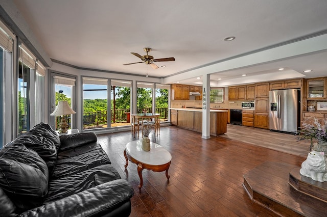 living room featuring ceiling fan and dark hardwood / wood-style floors