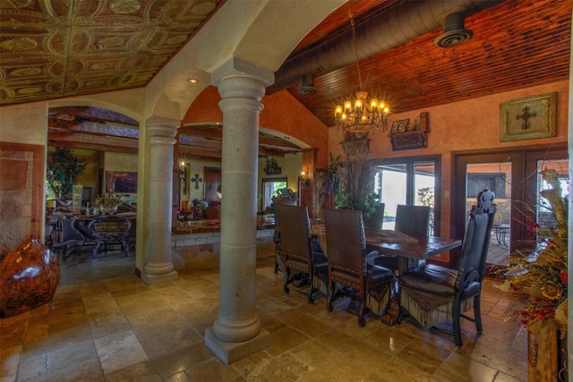 dining area with decorative columns, wood ceiling, lofted ceiling with beams, an inviting chandelier, and tile floors