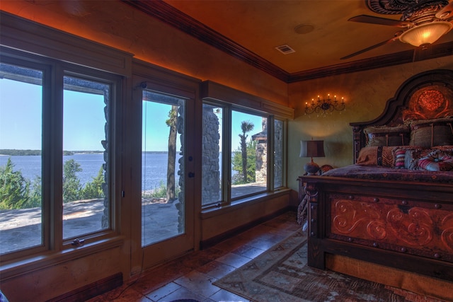 bedroom featuring crown molding, ceiling fan, a water view, and access to exterior