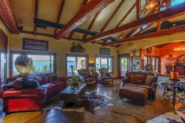 living room featuring high vaulted ceiling, ceiling fan, and beam ceiling