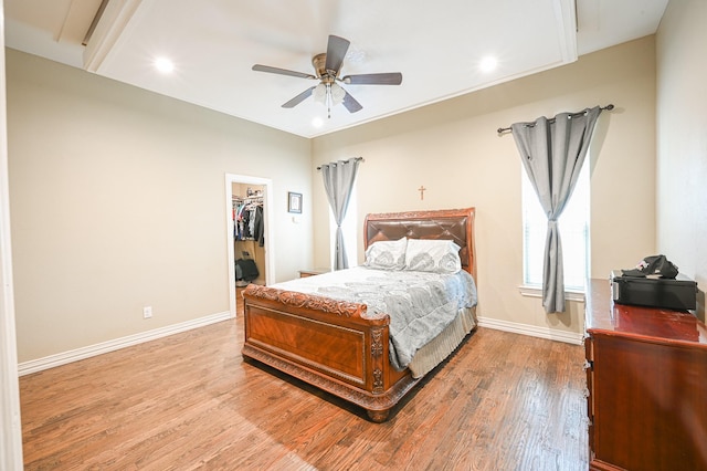 bedroom featuring ceiling fan, a walk in closet, light hardwood / wood-style flooring, and a closet