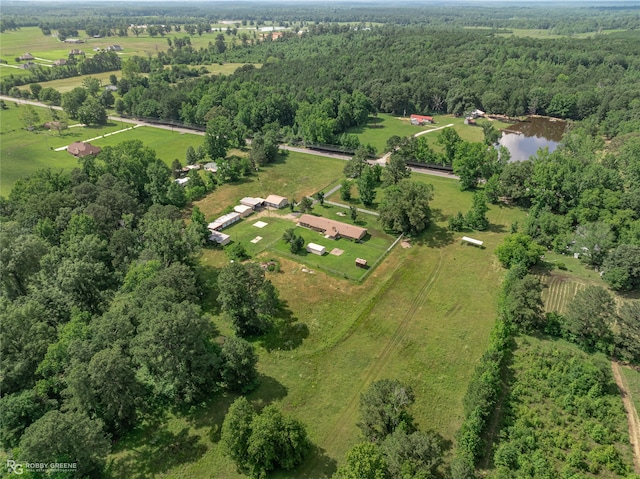 bird's eye view featuring a rural view and a water view