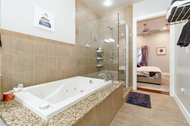 bathroom featuring tile patterned flooring, ceiling fan, and separate shower and tub