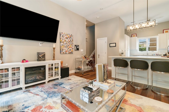 living room featuring dark wood-type flooring