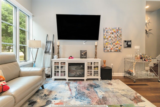 living room with indoor bar and dark hardwood / wood-style flooring