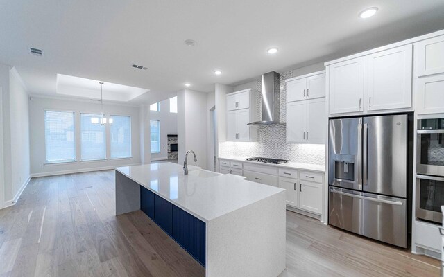 kitchen with white cabinets, a raised ceiling, wall chimney range hood, sink, and appliances with stainless steel finishes