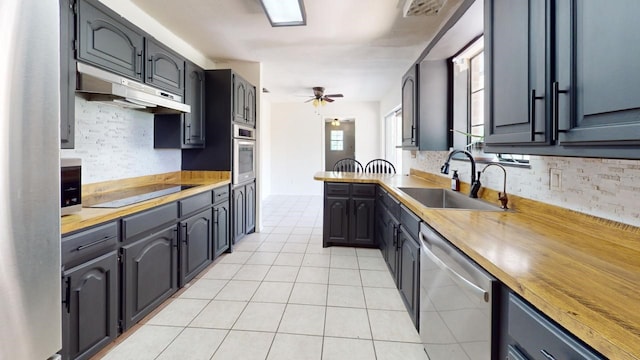 kitchen featuring butcher block countertops, ceiling fan, sink, and appliances with stainless steel finishes