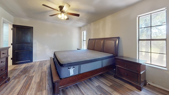 bedroom featuring dark hardwood / wood-style flooring and ceiling fan