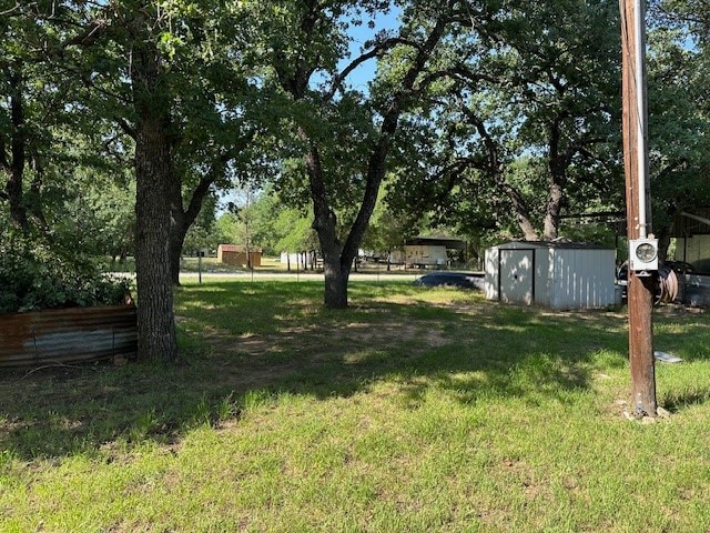 view of yard featuring a storage unit