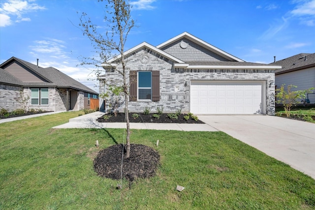 view of front of property with a front yard, concrete driveway, brick siding, and a garage