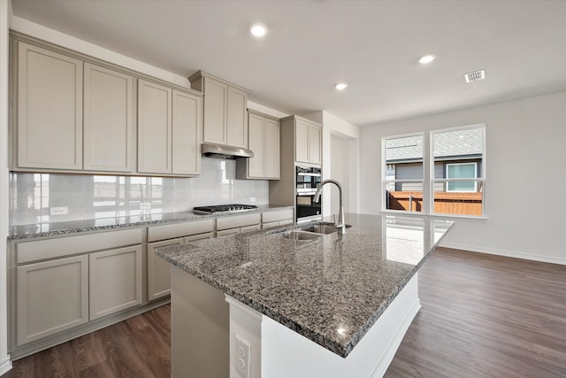 kitchen with a kitchen island with sink, dark wood-type flooring, tasteful backsplash, and sink