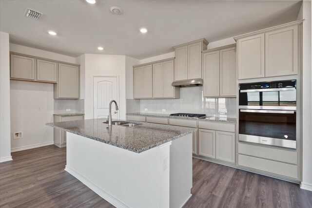 kitchen featuring stainless steel appliances, sink, light stone countertops, and a center island with sink