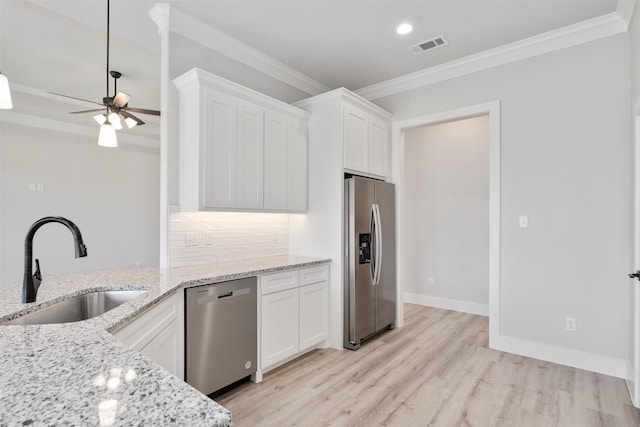 kitchen featuring light hardwood / wood-style floors, white cabinetry, sink, and stainless steel appliances