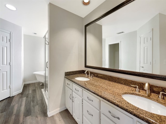 bathroom featuring vanity, plus walk in shower, and wood-type flooring