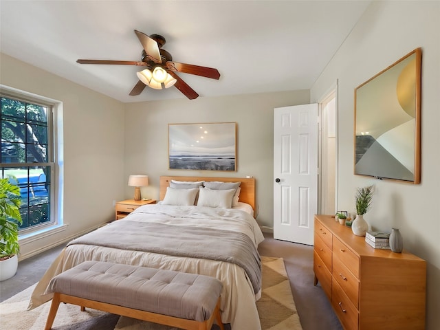 bedroom featuring dark carpet and ceiling fan