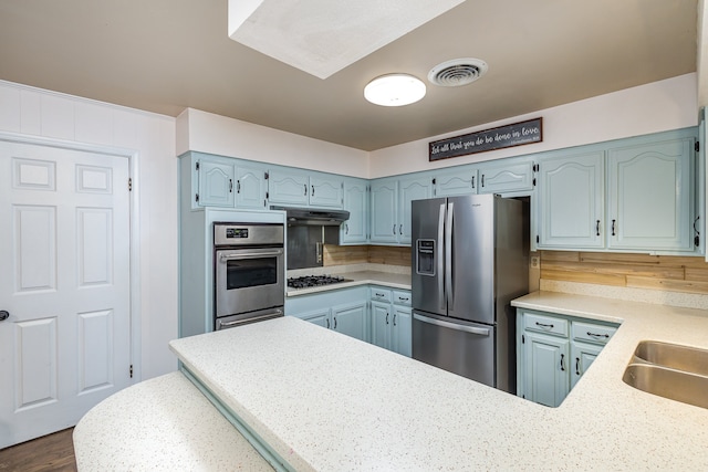 kitchen with dark hardwood / wood-style flooring, blue cabinets, and stainless steel appliances