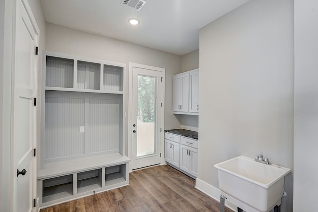 mudroom with sink and hardwood / wood-style floors