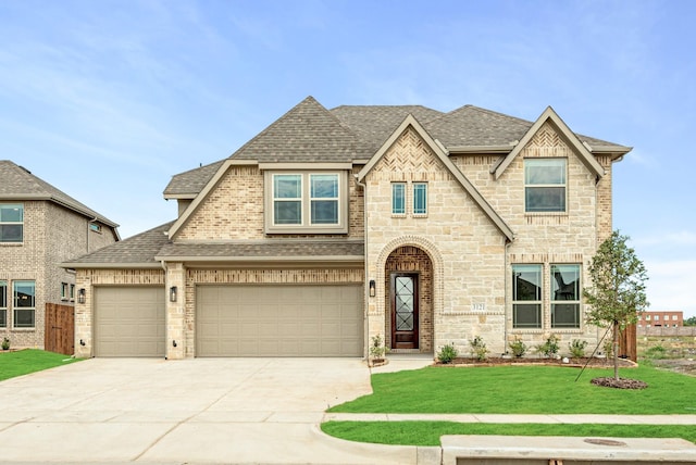 view of front facade featuring driveway, brick siding, a front lawn, and a shingled roof