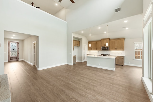 kitchen featuring light hardwood / wood-style flooring, decorative light fixtures, ceiling fan, and a wealth of natural light