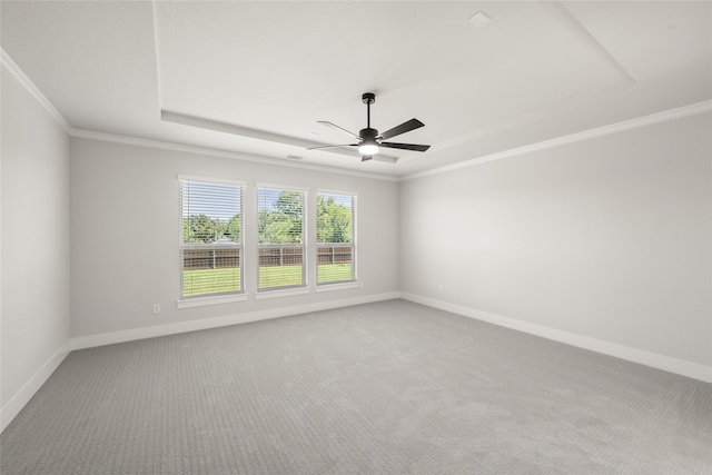 carpeted spare room with a raised ceiling, ceiling fan, and ornamental molding