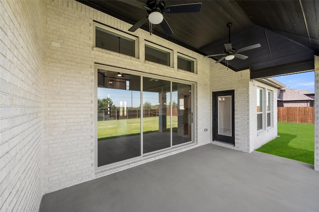 view of patio featuring ceiling fan