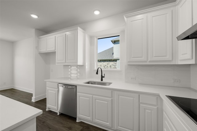 kitchen with stainless steel dishwasher and white cabinetry