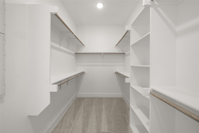 walk in closet with light carpet