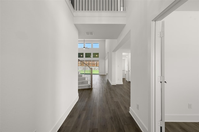 corridor with a high ceiling and dark hardwood / wood-style floors