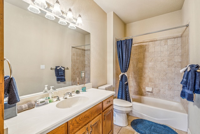 full bathroom featuring shower / bathtub combination with curtain, vanity, toilet, and tile floors