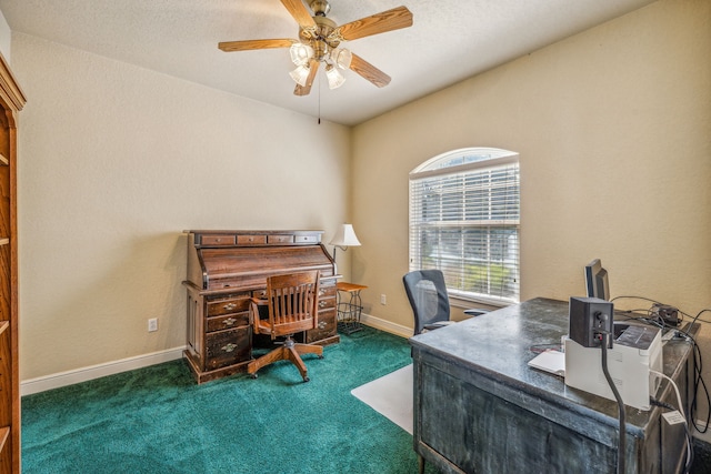 home office featuring carpet and ceiling fan