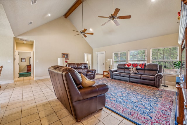 tiled living room featuring high vaulted ceiling, ceiling fan, and beam ceiling