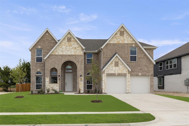 view of front of property with a garage and a front lawn