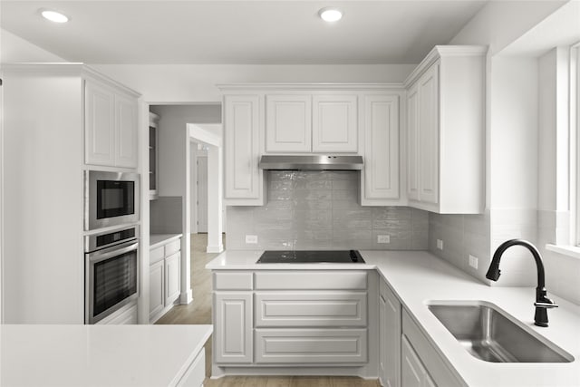 kitchen with appliances with stainless steel finishes, tasteful backsplash, light hardwood / wood-style floors, sink, and white cabinetry