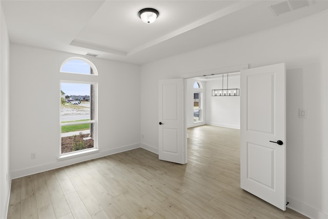 unfurnished room featuring a tray ceiling and light hardwood / wood-style floors