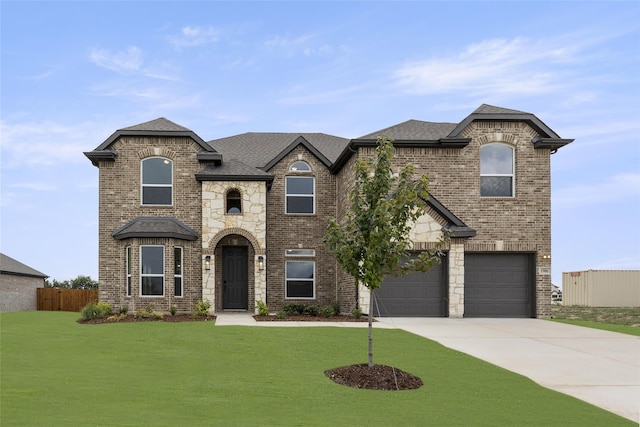 french country style house with a front yard and a garage